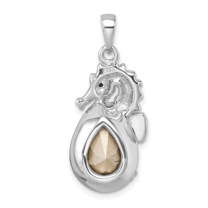 Sterling Silver Rhodium-plated Polished Crystal Background Seahorse Pendant