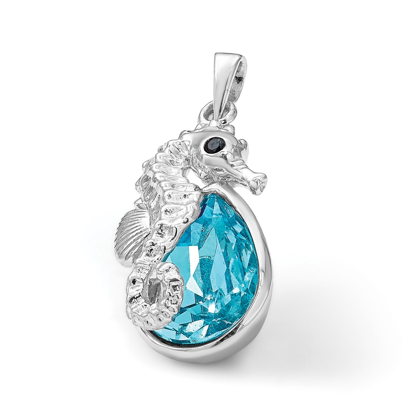 Sterling Silver Rhodium-plated Polished Crystal Background Seahorse Pendant