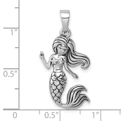 Sterling Silver Rhodium-Plated Antiqued Mermaid Pendant