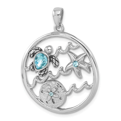 Sterling Silver Rhodium-plated Polished and Antiqued Round Crystal Sealife Pendant