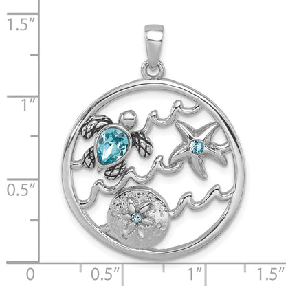 Sterling Silver Rhodium-plated Polished and Antiqued Round Crystal Sealife Pendant