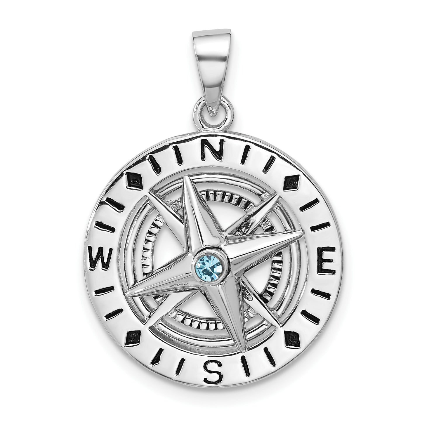 Sterling Silver Rhodium-Plated Polished Moveable Crystal Compass Pendant