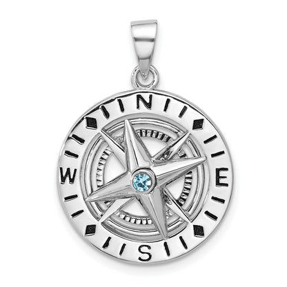 Sterling Silver Rhodium-Plated Polished Moveable Crystal Compass Pendant