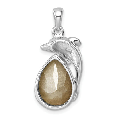 Sterling Silver Rhodium-plated Polished Crystal Dolphin Pendant