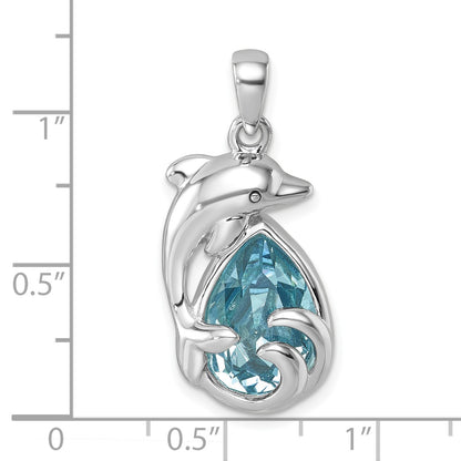 Sterling Silver Rhodium-plated Polished Crystal Dolphin Pendant