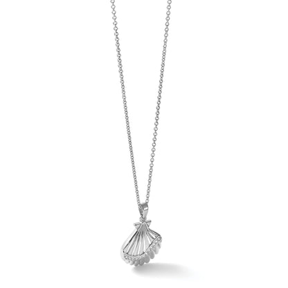 Sterling Silver Rhodium-plated Polished CZ Scallop Shell Pendant