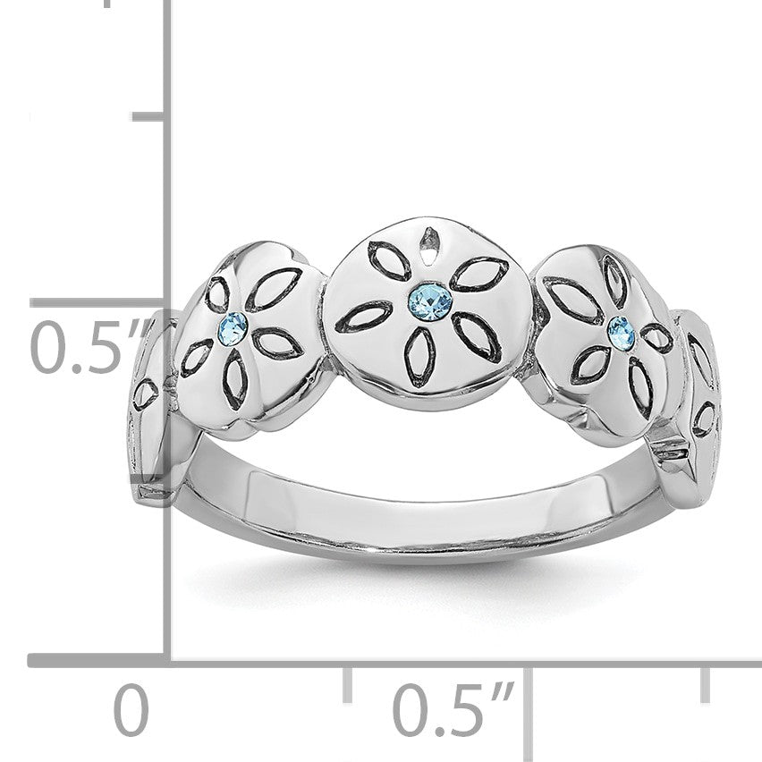 Sterling Silver Rhodium-plated Polished Blue Crystal 5 Sand Dollar Ring