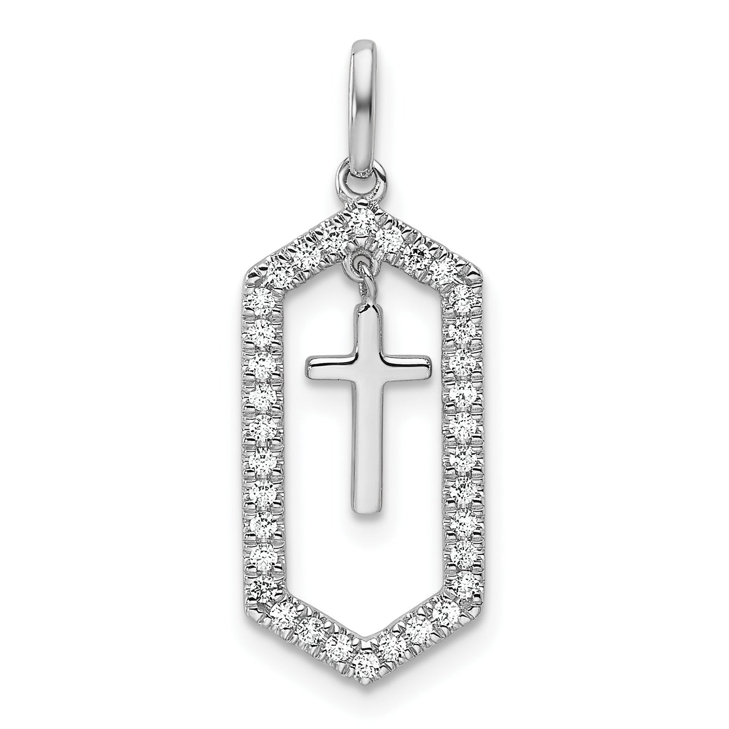 14K White Gold Polished 1/5 carat Diamond Framed Dangle Cross Pendant
