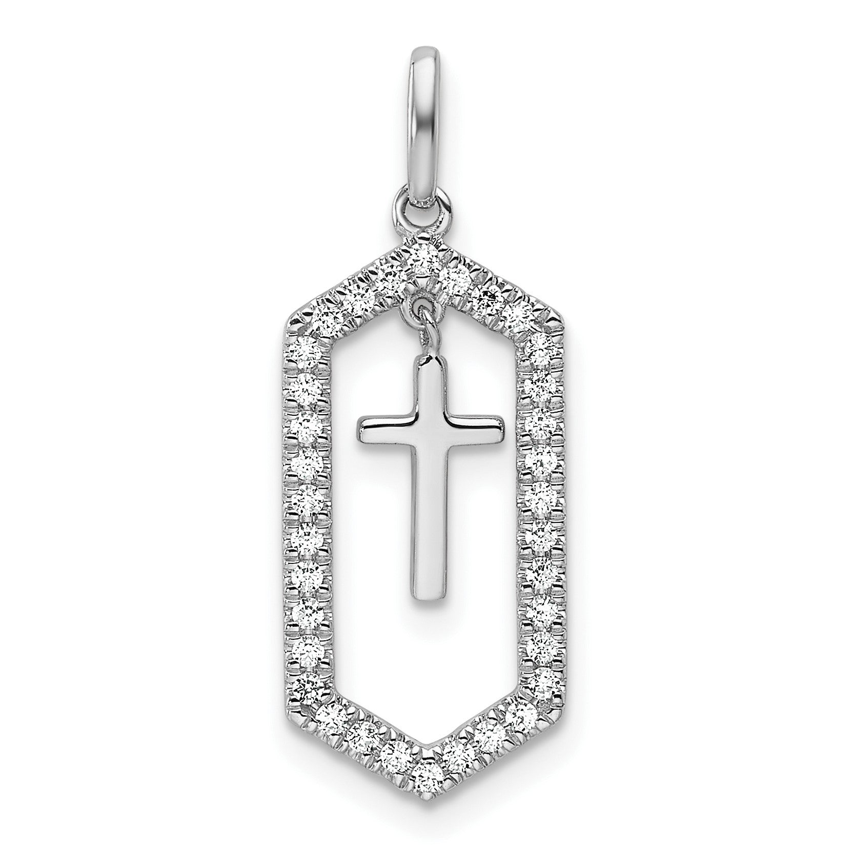 14K White Gold Polished 1/5 carat Diamond Framed Dangle Cross Pendant