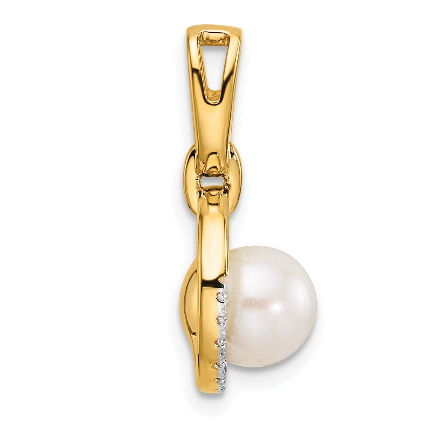 14K Polished 1/15 carat Diamond and White Freshwater Cultured Pearl Open Circle Pendant