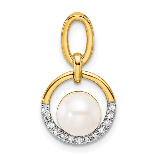 14K Polished 1/15 carat Diamond and White Freshwater Cultured Pearl Open Circle Pendant