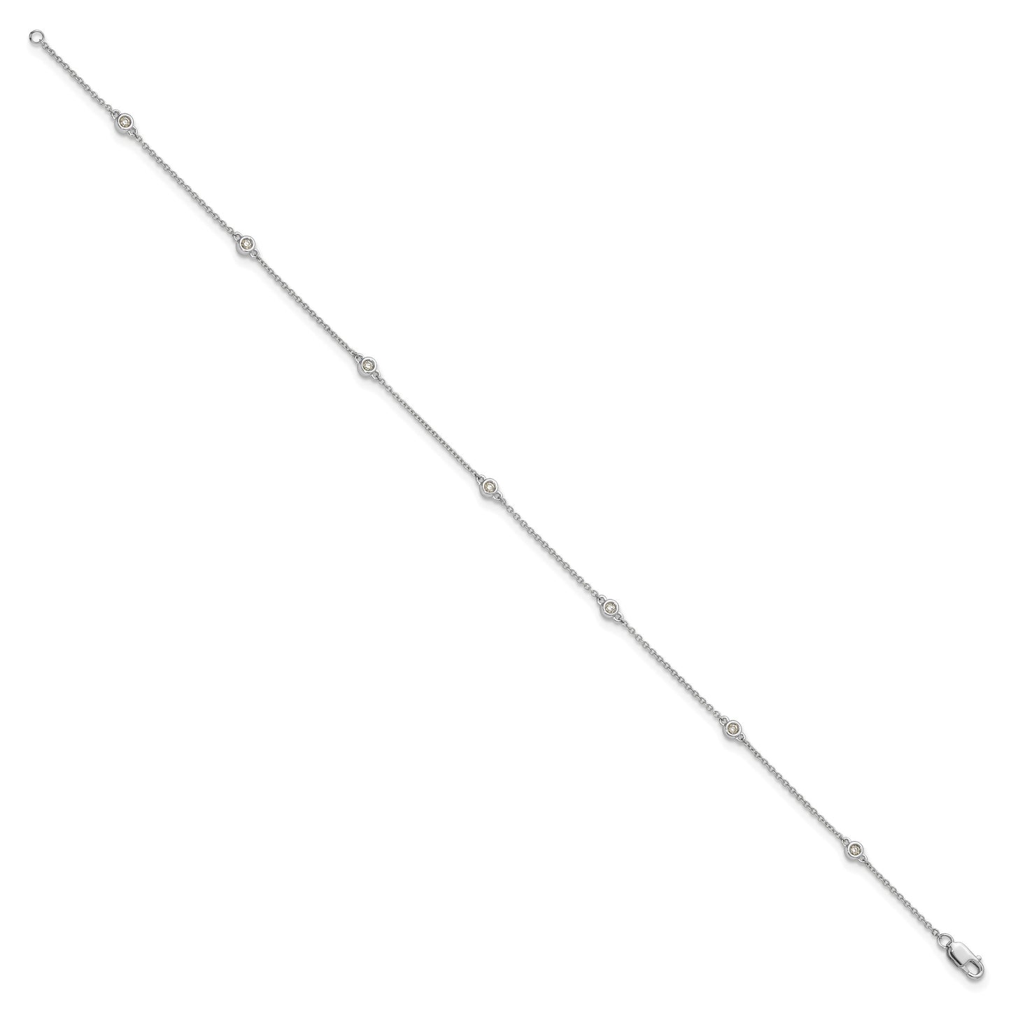 14k White Gold Complete 1/8 carat Bezel-set Diamond and Cable Chain 7-Station 9 inch Anklet