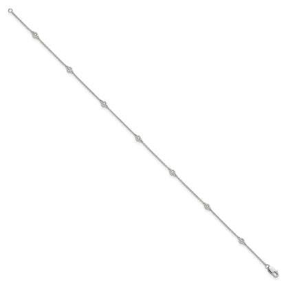 14k White Gold Complete 1/8 carat Bezel-set Diamond and Cable Chain 7-Station 9 inch Anklet