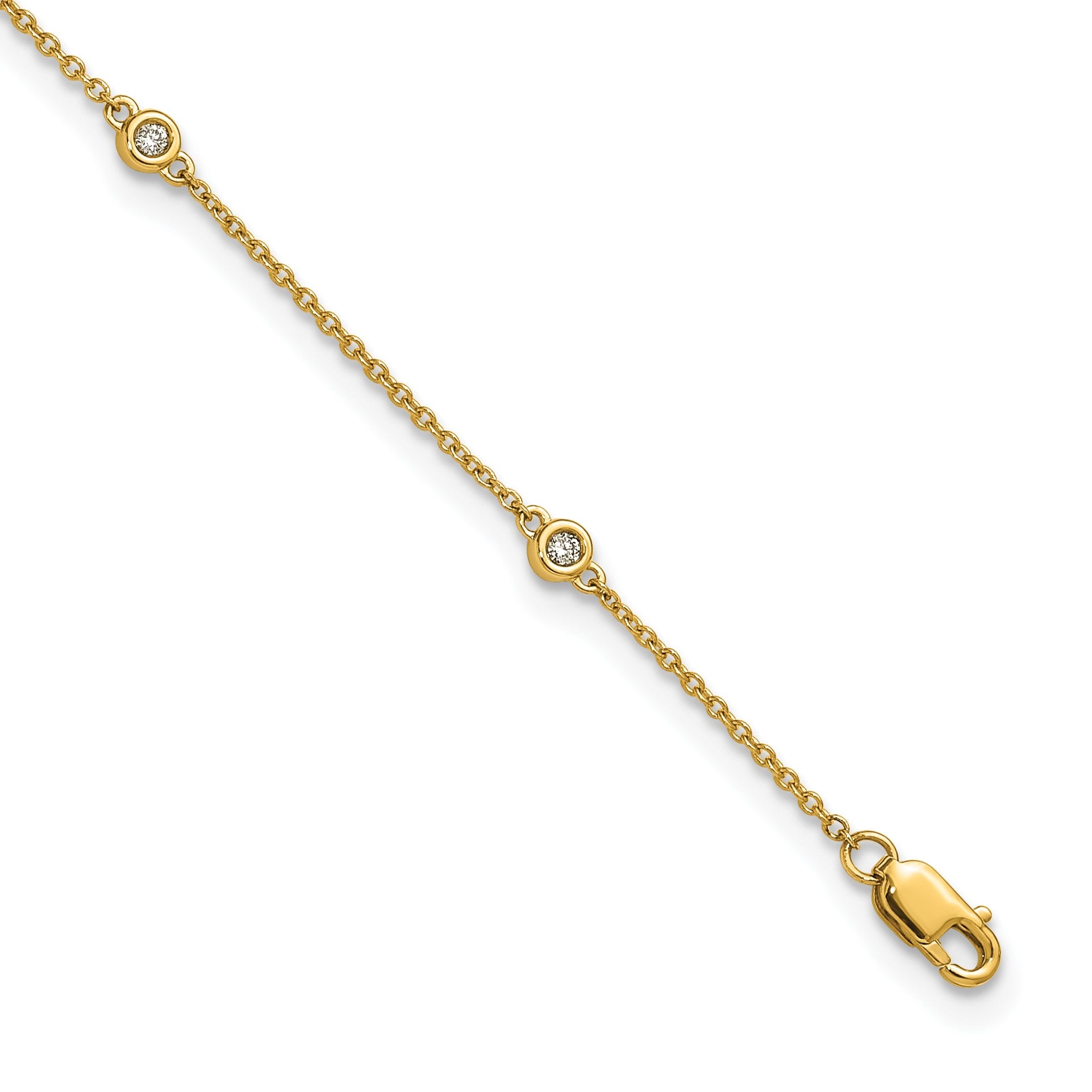 14k Complete 1/8 carat Bezel-set Diamond and Cable Chain 7-Station 9 inch Anklet