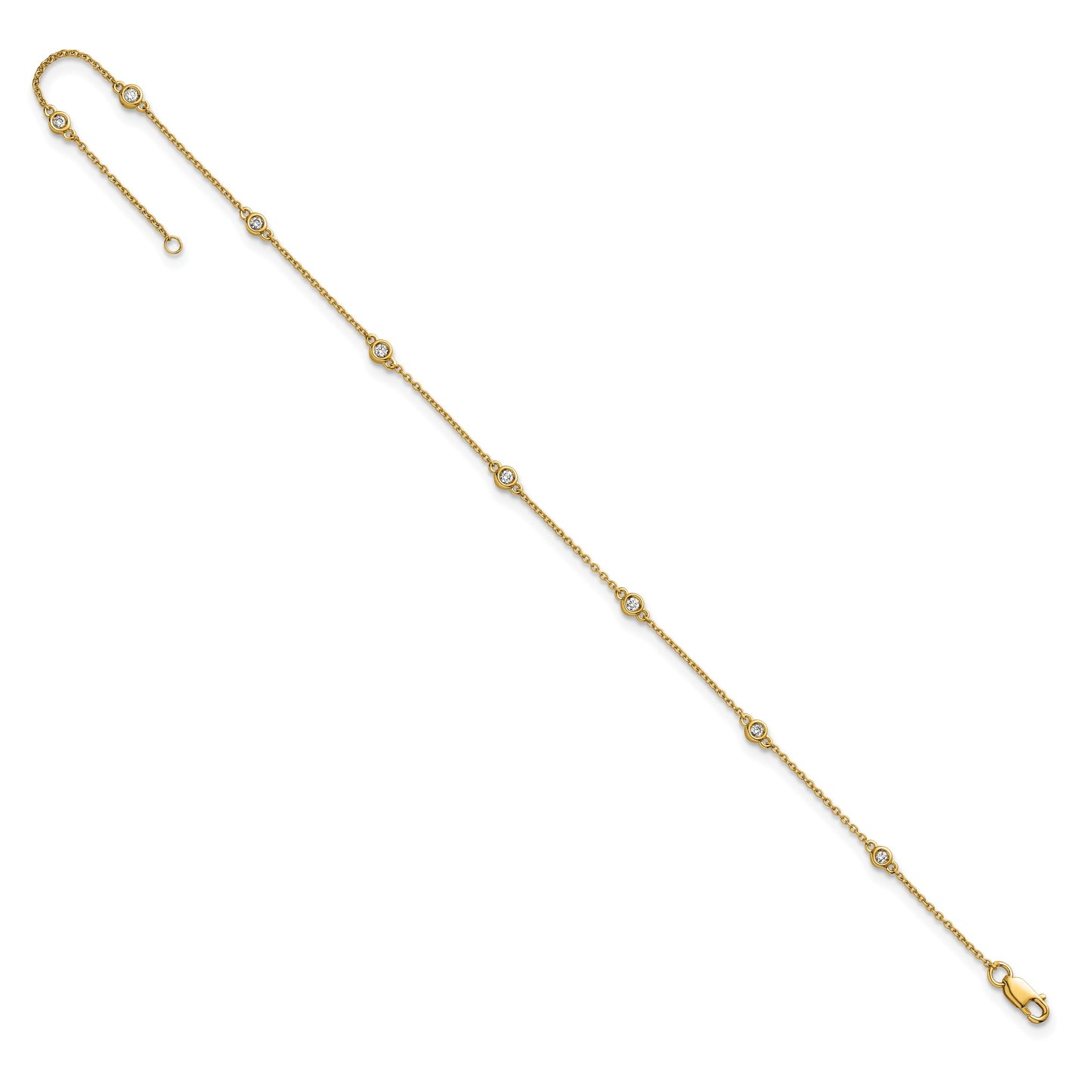 14k Complete 1/8 carat Bezel-set Diamond and Cable Chain 8-Station 9 inch Anklet