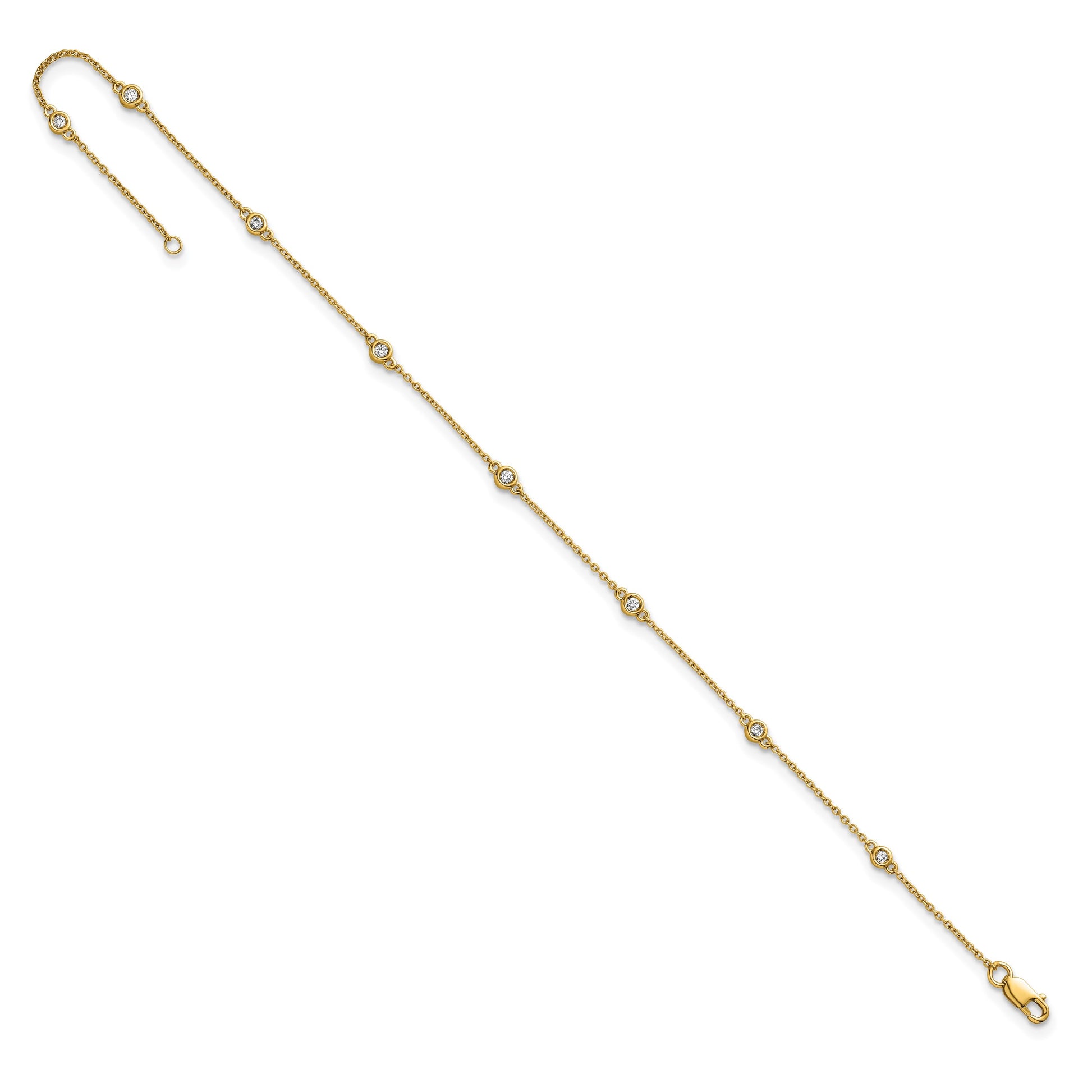 14k Complete 1/8 carat Bezel-set Diamond and Cable Chain 8-Station 9 inch Anklet