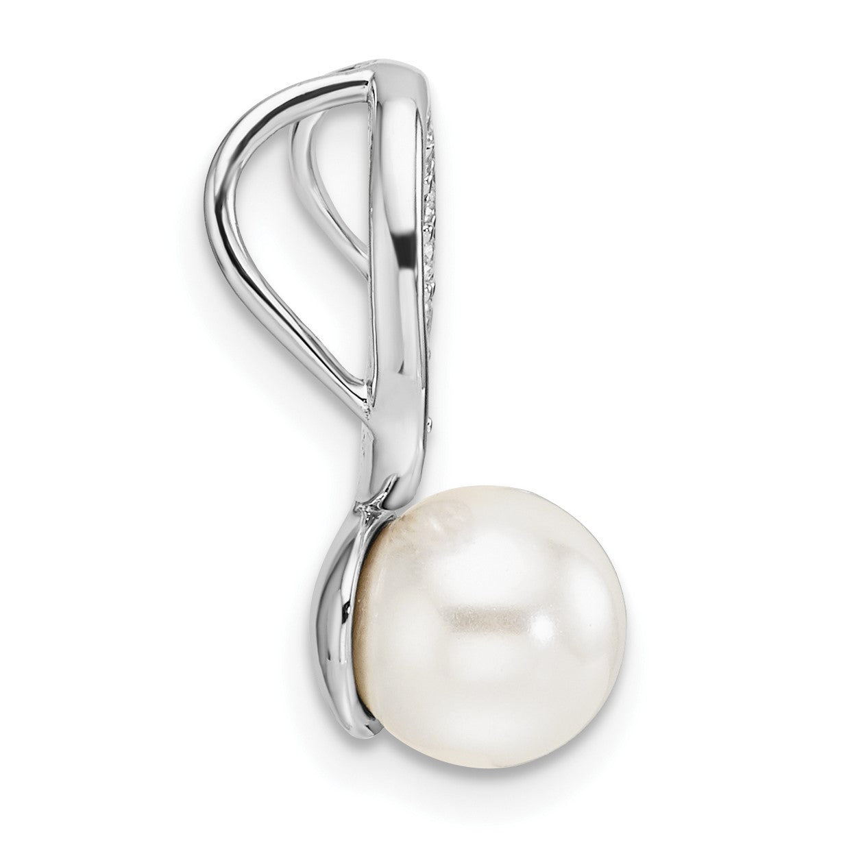 14K White Gold Polished 1/15 carat Diamond and White Freshwater Cultured Pearl Chain Slide