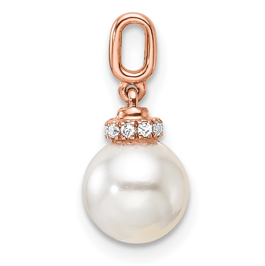 14K Rose Gold Polished 1/20 carat Diamond and White Freshwater Cultured Pearl Pendant