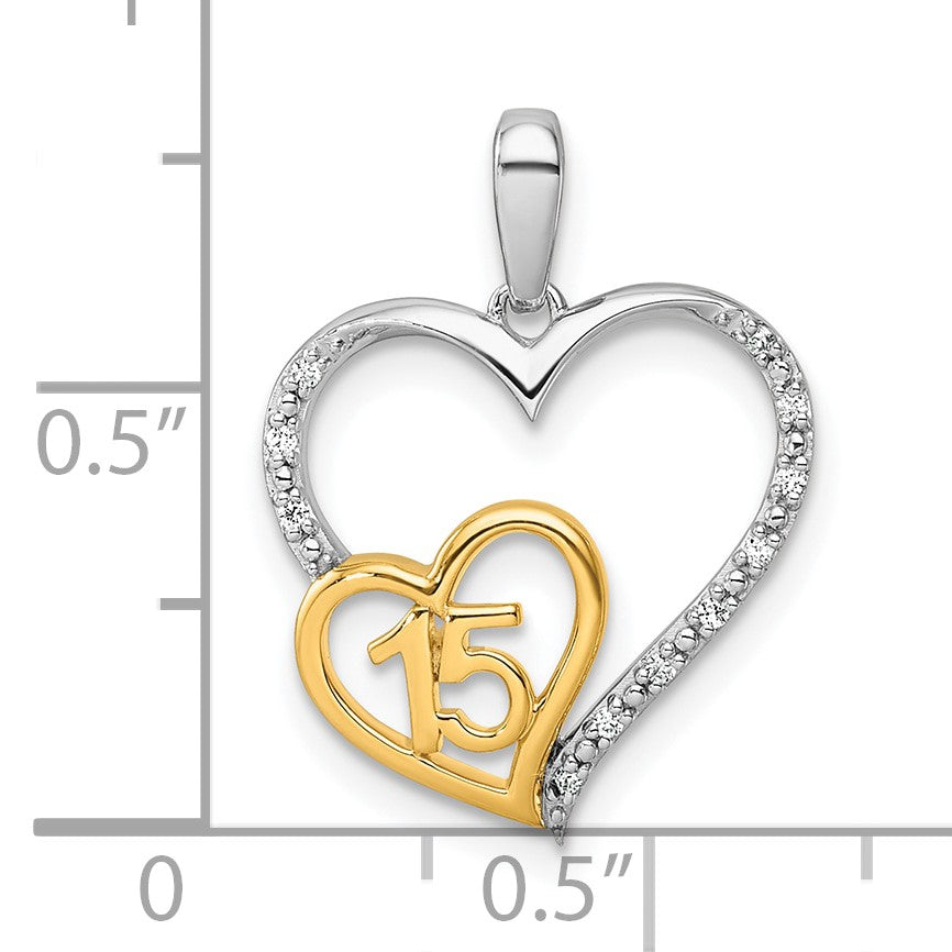 14K Two-tone Polished 1/20 carat Diamond Quinceanera 15 Heart Pendant