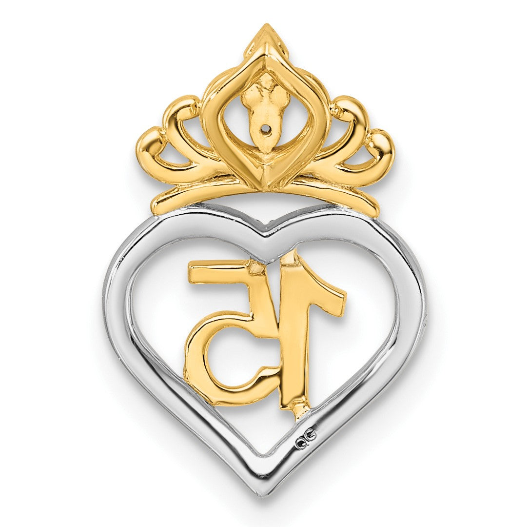 14K Two-tone 1/15 carat Diamond Quinceanera 15 Heart with Crown Chain Slide