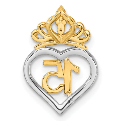 14K Two-tone 1/15 carat Diamond Quinceanera 15 Heart with Crown Chain Slide