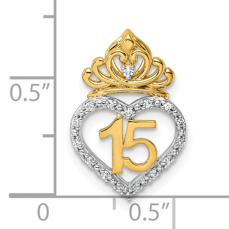 14K Two-tone 1/15 carat Diamond Quinceanera 15 Heart with Crown Chain Slide