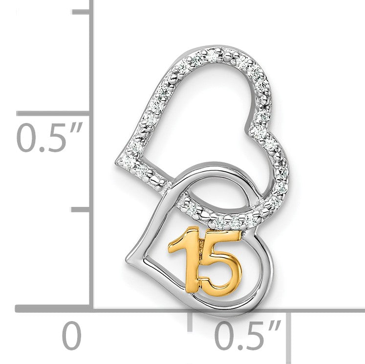 14K Two-tone Polished 1/15 carat Diamond Quinceanera 15 Double Heart Chain Slide