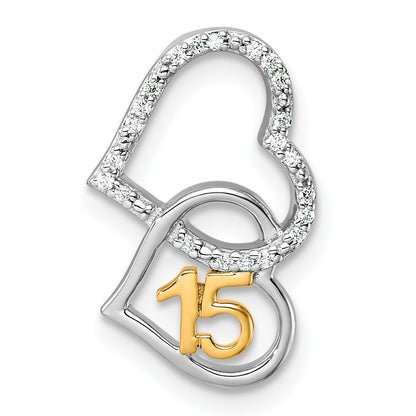14K Two-tone Polished 1/15 carat Diamond Quinceanera 15 Double Heart Chain Slide