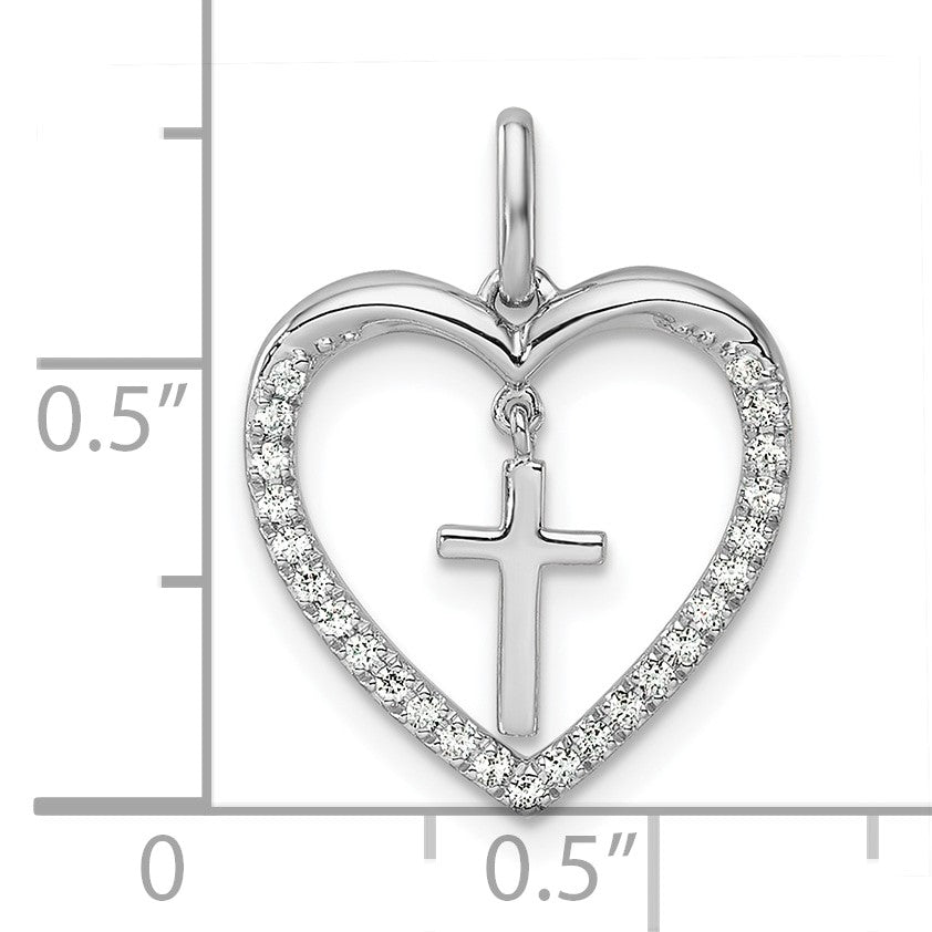 14K White Gold Polished 1/6 carat Diamond Heart Dangle Cross Pendant