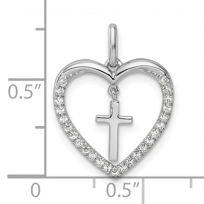 14K White Gold Polished 1/6 carat Diamond Heart Dangle Cross Pendant