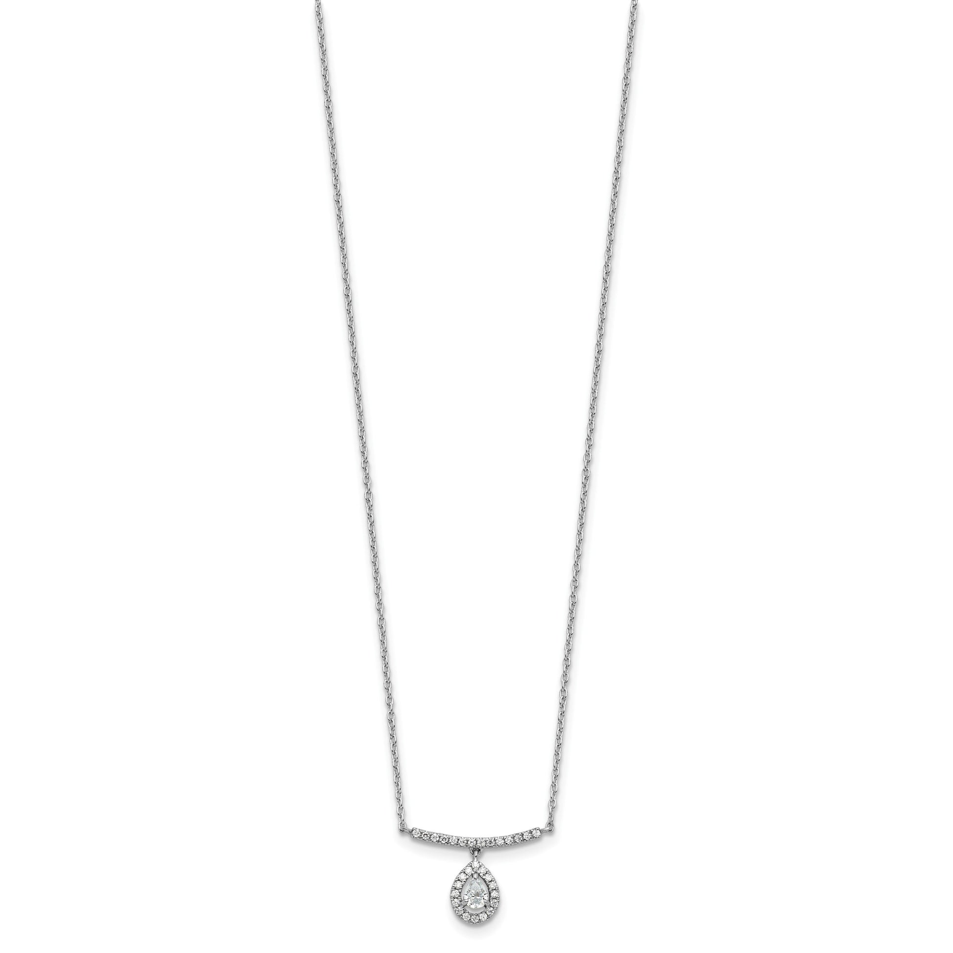 14K White Gold 1/4 carat Diamond Bar with Dangle Pear Halo 18 inch Necklace