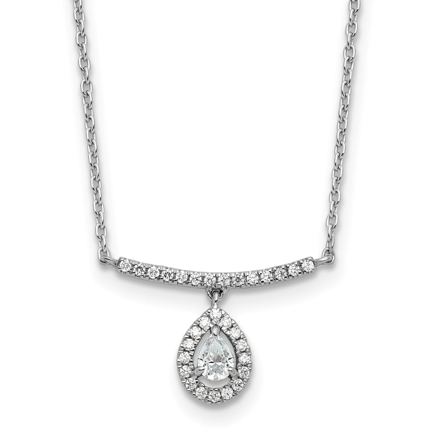 14K White Gold 1/4 carat Diamond Bar with Dangle Pear Halo 18 inch Necklace