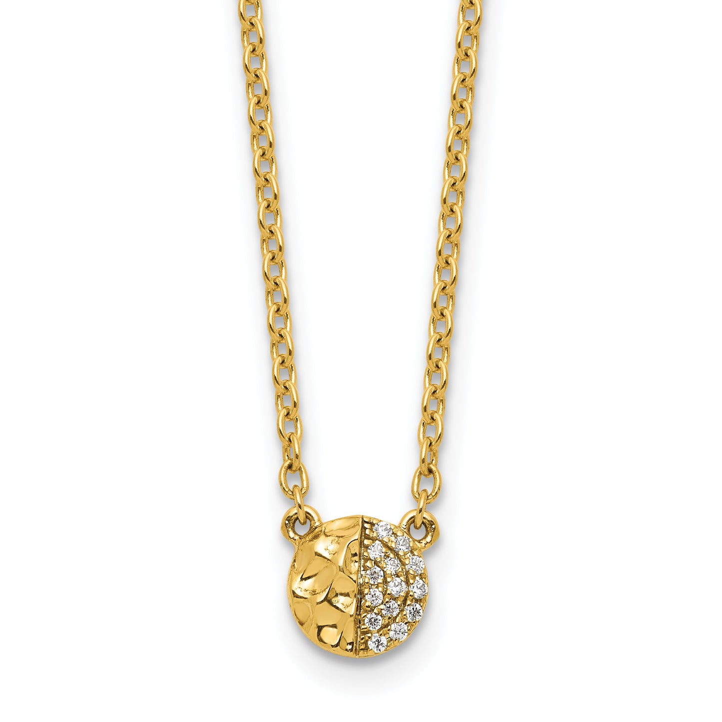 14K Polished and Hammered 1/20 carat Diamond Disk 18 inch Necklace