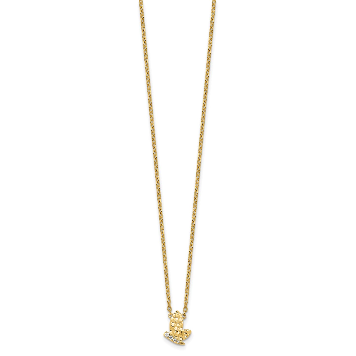14K Polished and Hammered 1/20 carat Diamond Butterfly 18 inch Necklace