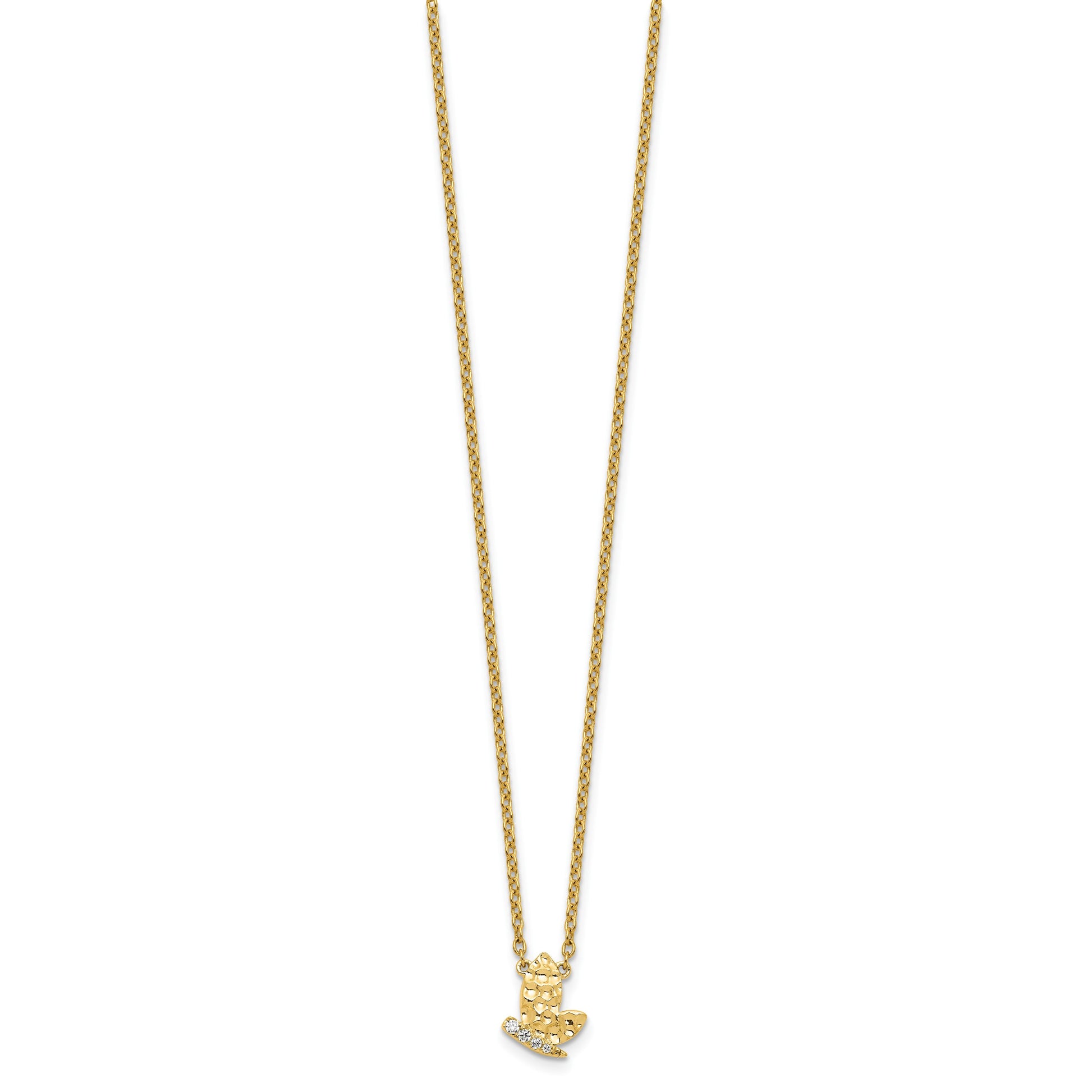 14K Polished and Hammered 1/20 carat Diamond Butterfly 18 inch Necklace