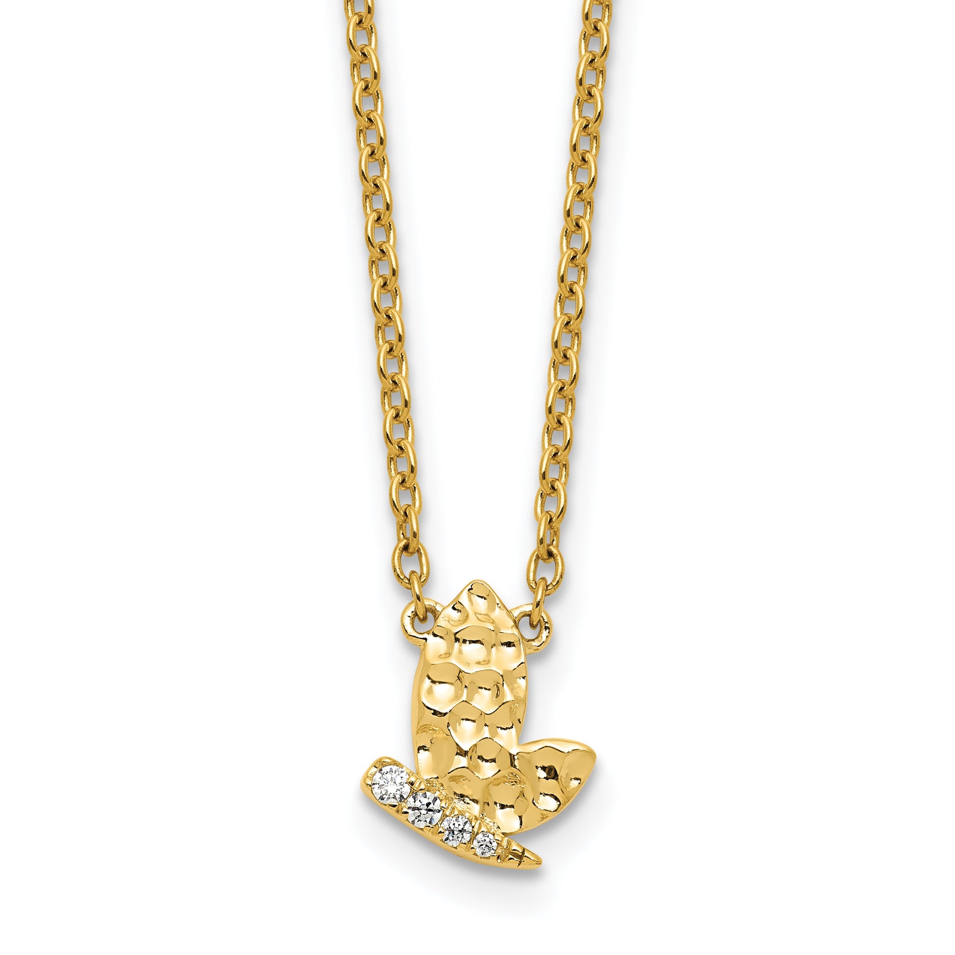 14K Polished and Hammered 1/20 carat Diamond Butterfly 18 inch Necklace