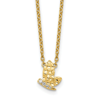 14K Polished and Hammered 1/20 carat Diamond Butterfly 18 inch Necklace