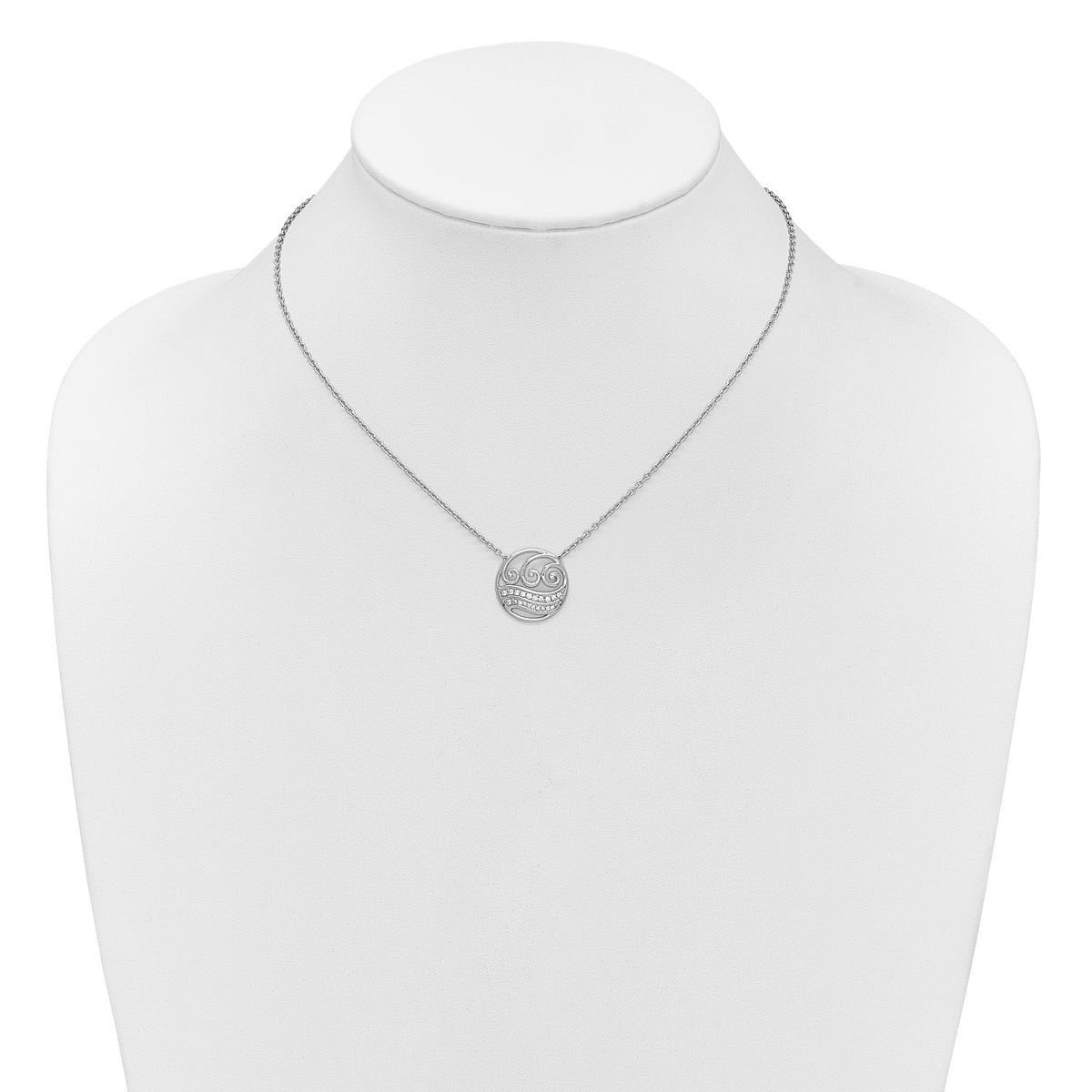 14K White Gold Polished 1/6 carat Diamond Circle with Waves 18 inch Necklace