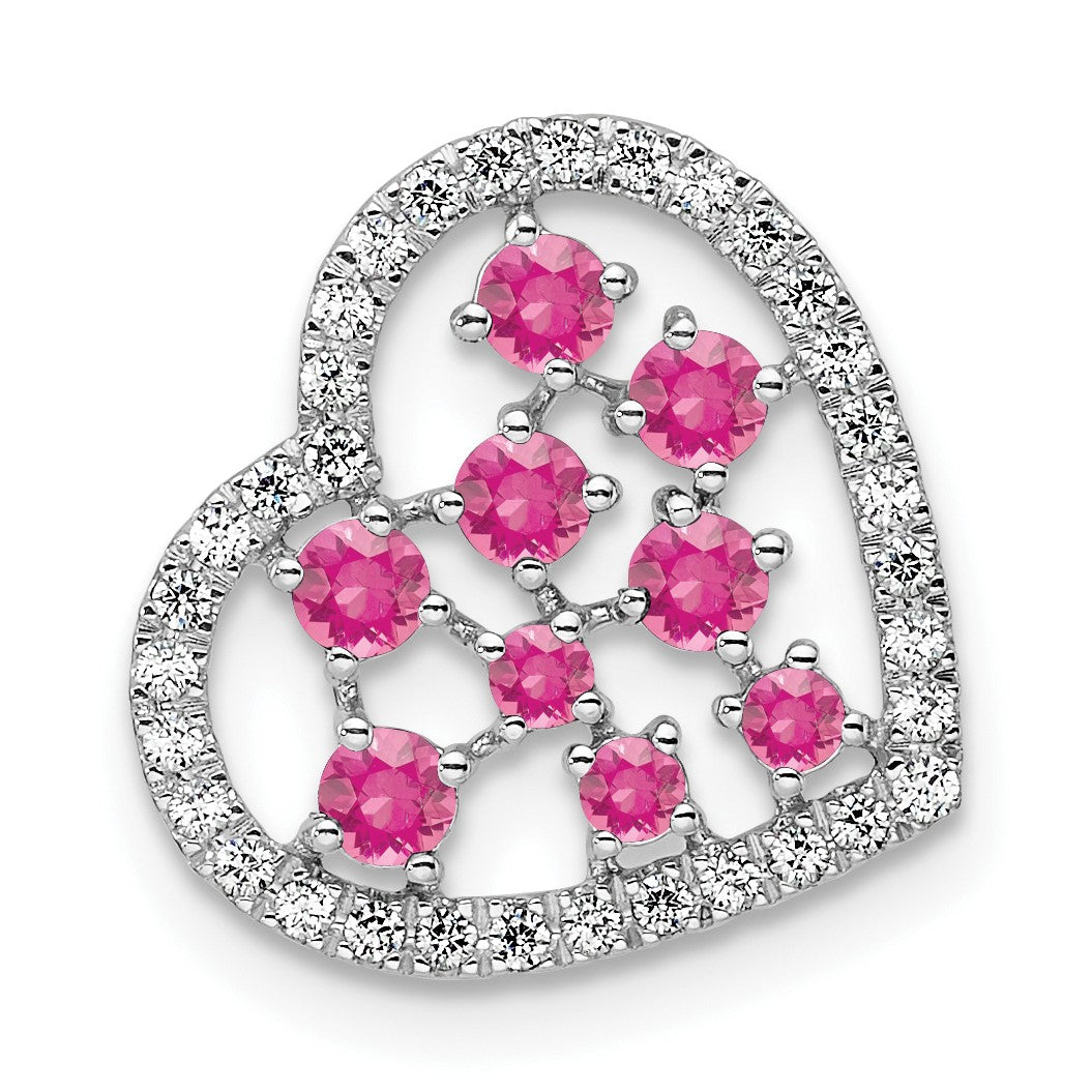 14K White Gold Polished Diamond and Pink Tourmaline Heart Chain Slide