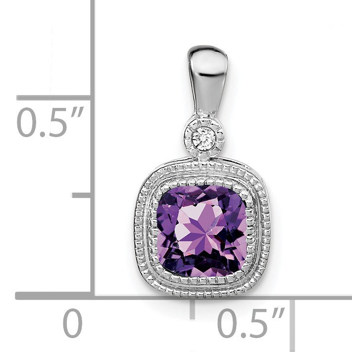 14k White Gold 6mm Cushion Amethyst and Diamond Pendant