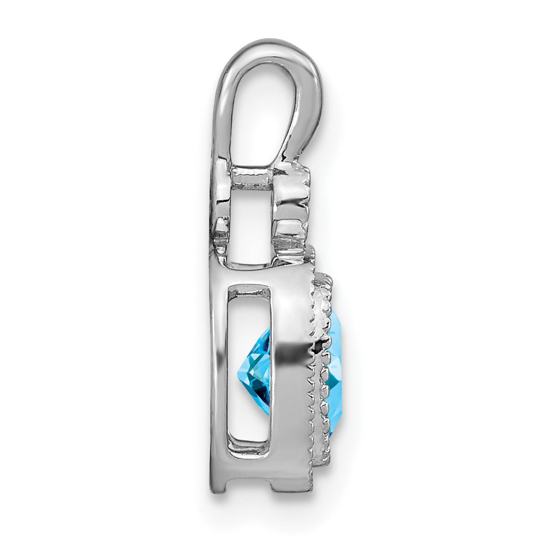 14k White Gold 6mm Cushion Blue Topaz and Diamond Pendant