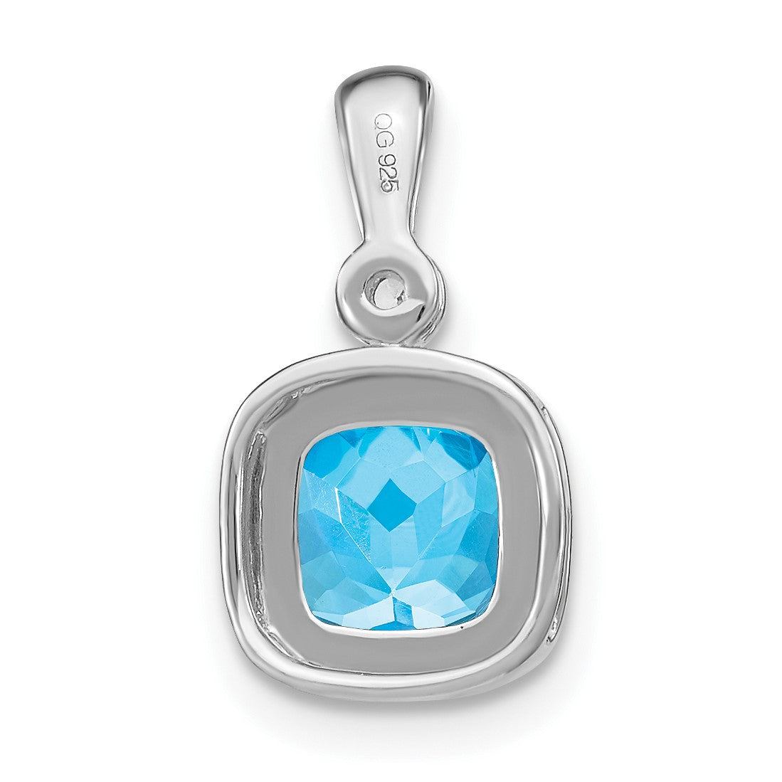14k White Gold 6mm Cushion Blue Topaz and Diamond Pendant