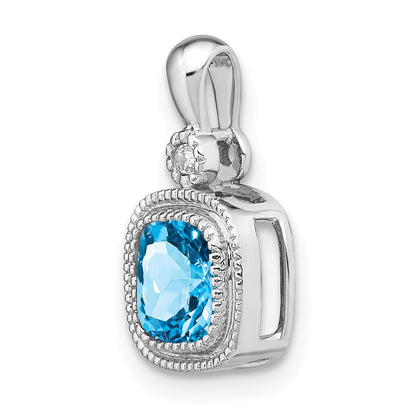 14k White Gold 6mm Cushion Blue Topaz and Diamond Pendant