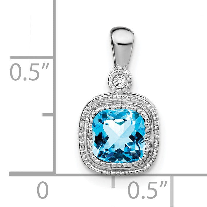 14k White Gold 6mm Cushion Blue Topaz and Diamond Pendant