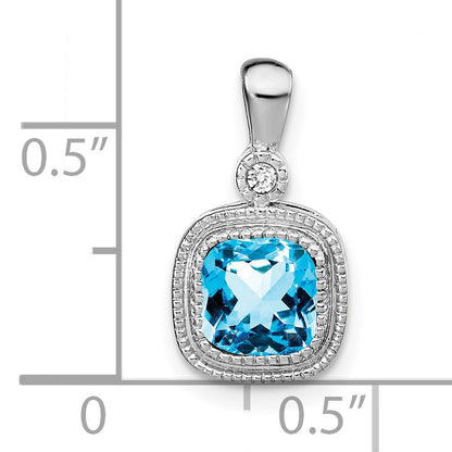 14k White Gold 6mm Cushion Blue Topaz and Diamond Pendant
