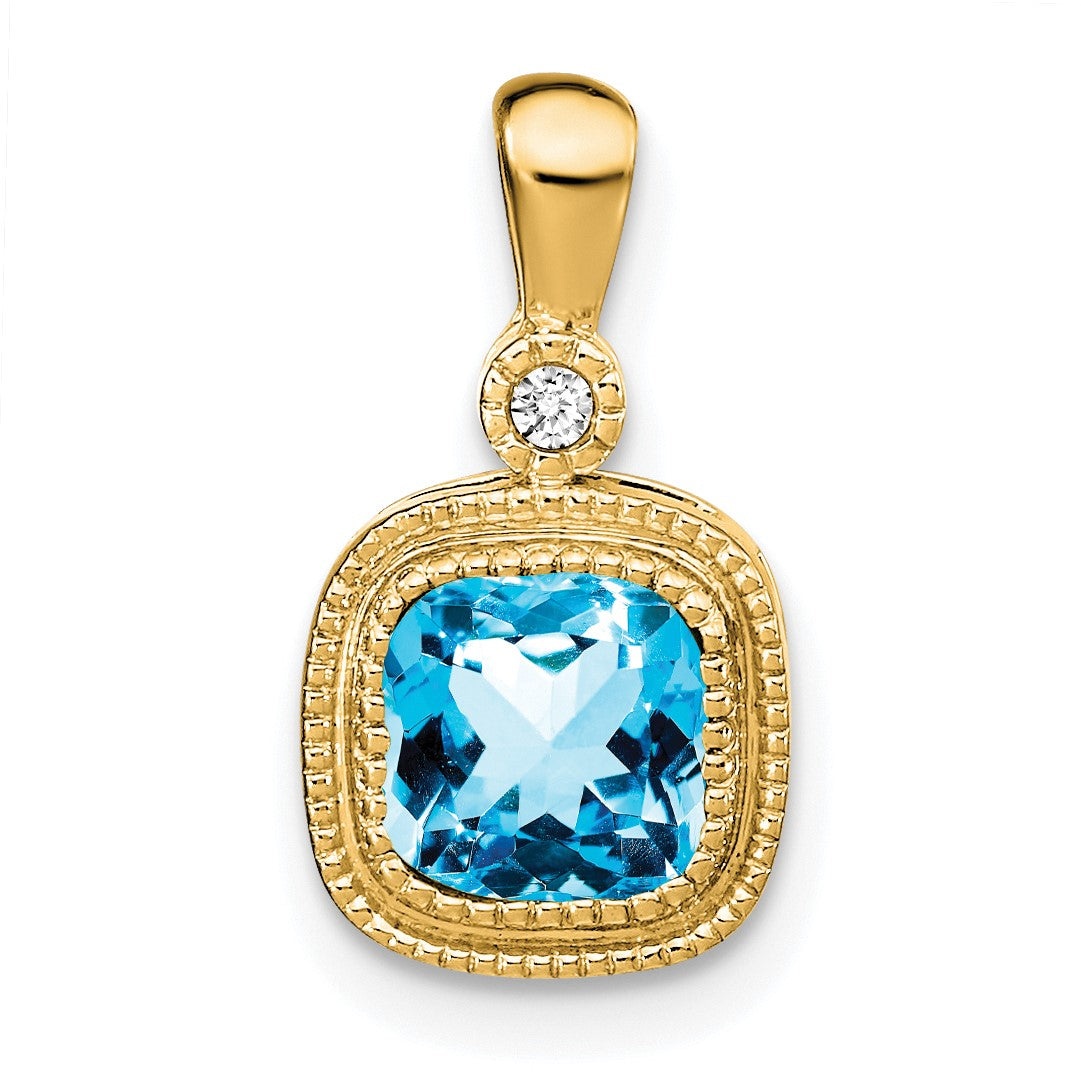 14k 6mm Cushion Blue Topaz and Diamond Pendant