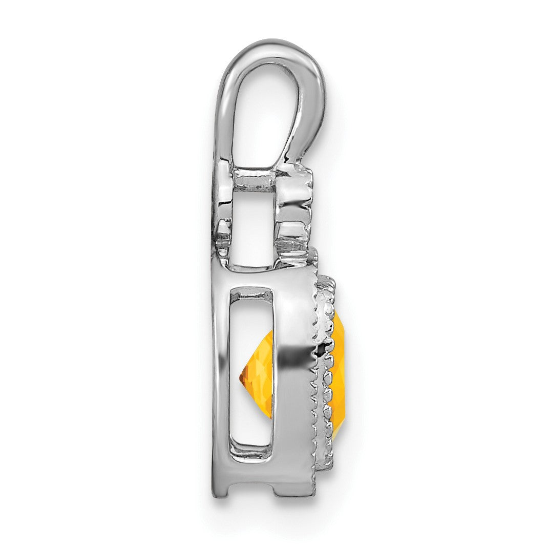 14k White Gold 6mm Cushion Citrine and Diamond Pendant