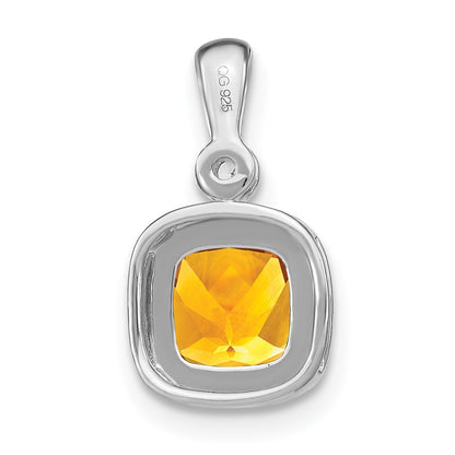 14k White Gold 6mm Cushion Citrine and Diamond Pendant