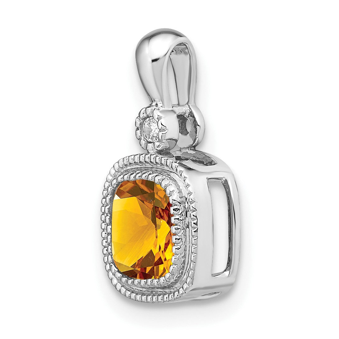 14k White Gold 6mm Cushion Citrine and Diamond Pendant