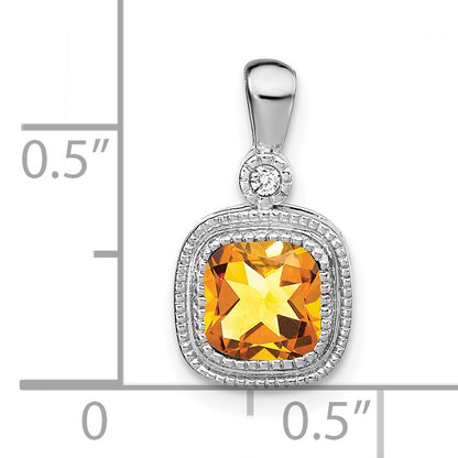 14k White Gold 6mm Cushion Citrine and Diamond Pendant